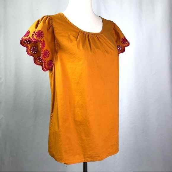 J. Crew Factory turmeric orange cotton blouse flutter sleeves eyelet lace S - Picture 10 of 10